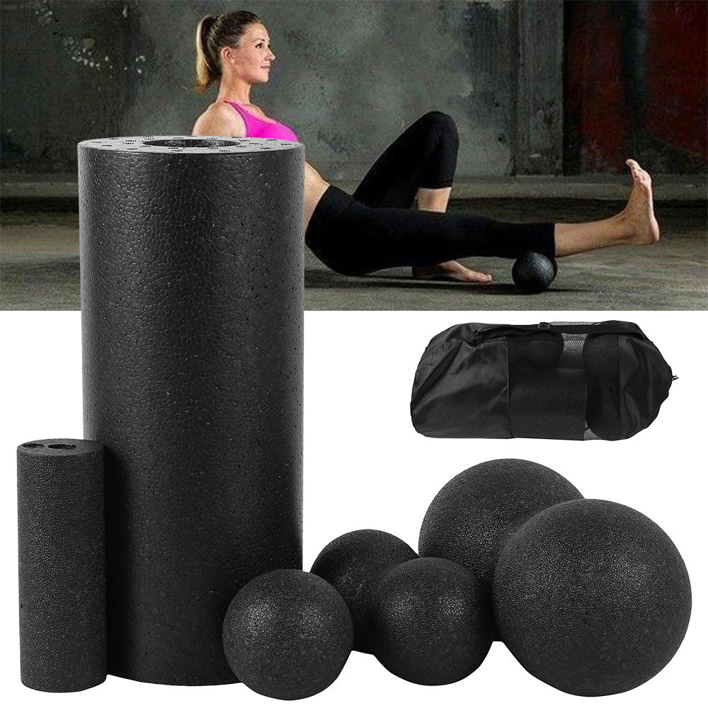 Foam Roller & Massage Ball Set For Therapy, Exercise, Muscle Relief and Yoga - 5 Pcs Black